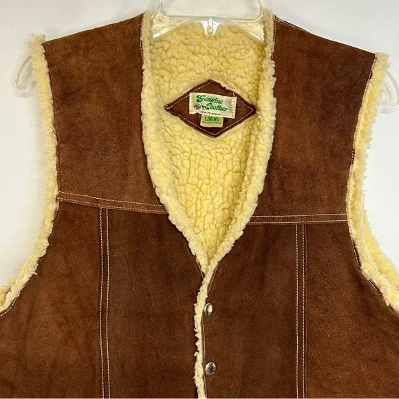 Vintage Genuine Suede Leather Faux Sherpa Vest Snaps Pockets Brown Unisex Large - Picture 3 of 16